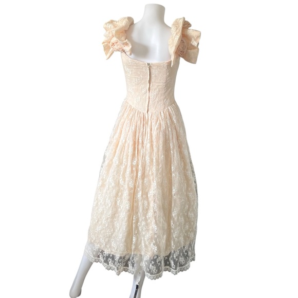 Vintage 80s Scott McClintock Pink Lace Prom Dress Floral Puff Sleeve Hoco - Picture 2 of 12